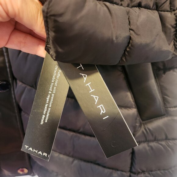 Tahari Womens Puffer Jacket Hooded Faux Leather Trim Puffer Coat Black Large NWT - Picture 7 of 14